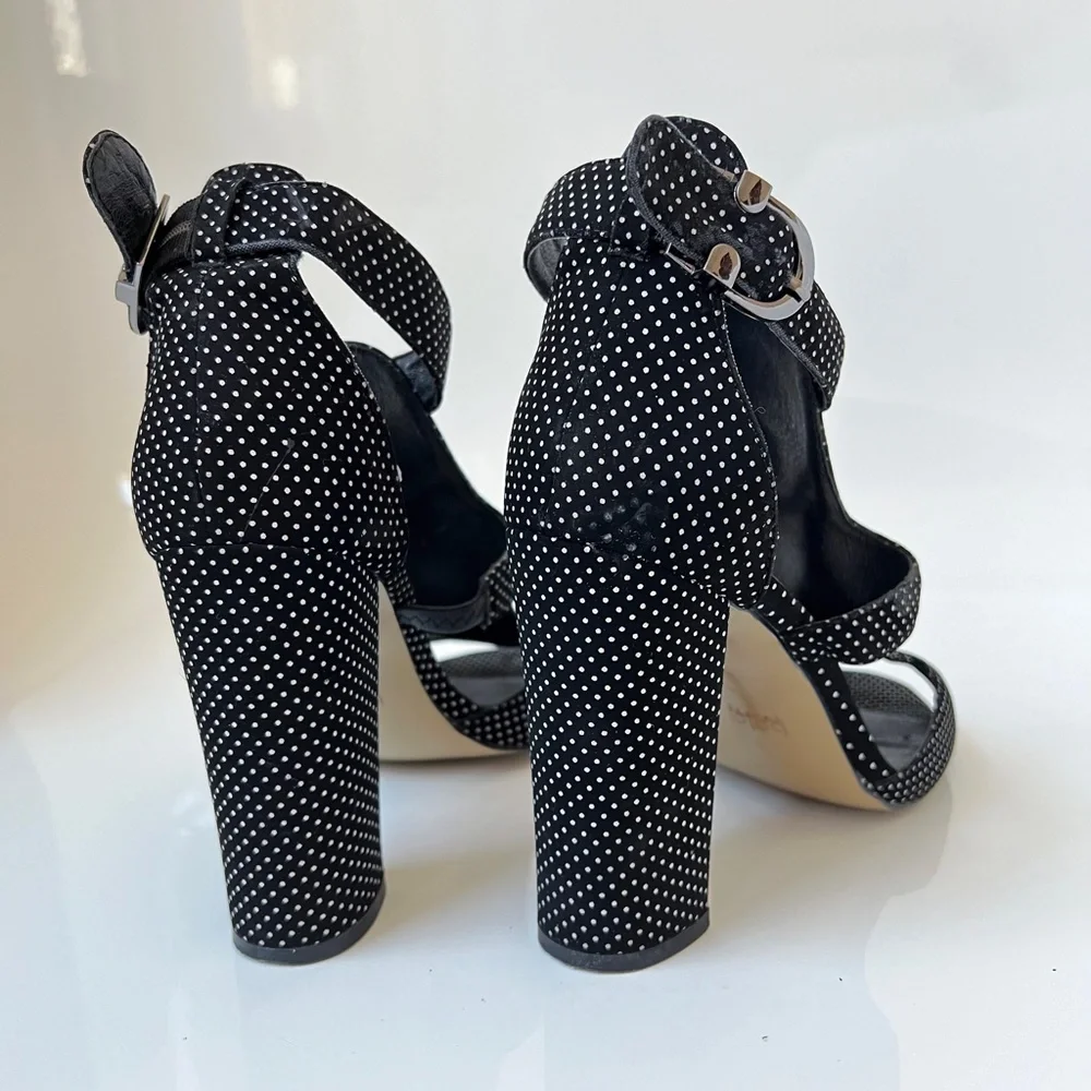 Baldi London Polka Dot Cage Sandal High Block Heel Open Toe Black White 8.5